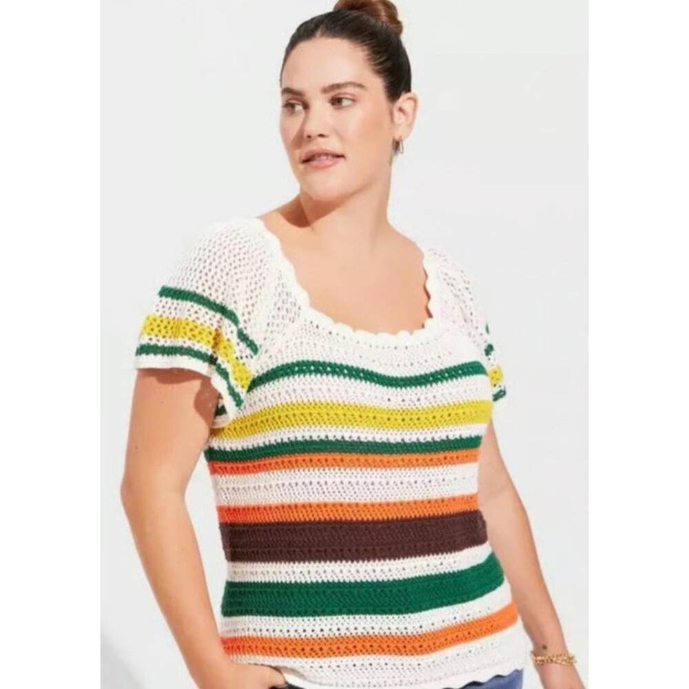 Torrid Open Knit Top 2X Plus Size Crochet Flutter Sleeve Striped Top Square Neck